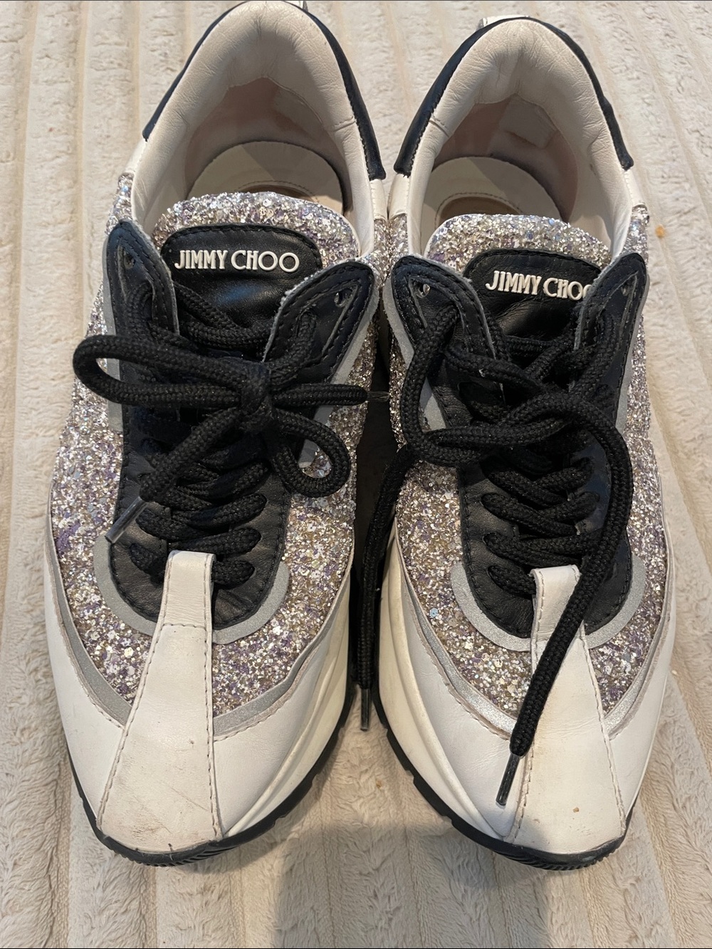Jimmy Choo Silver Glitter and White Leather Sneakers with Black Accents